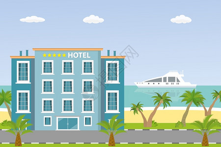 城市海滩旅馆建筑和海洋沙滩矢量图插画