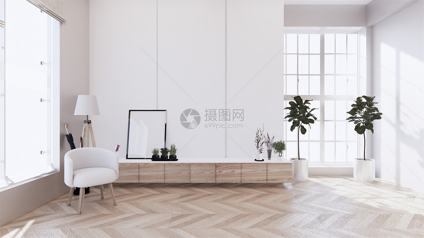 以白色墙壁和木地板热带内室客厅为顶层的木柜板3D图片