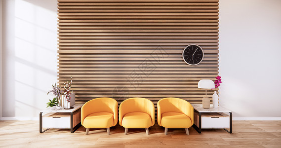贴墙纸黄色皮椅白色墙底壁的室内房间3D背景