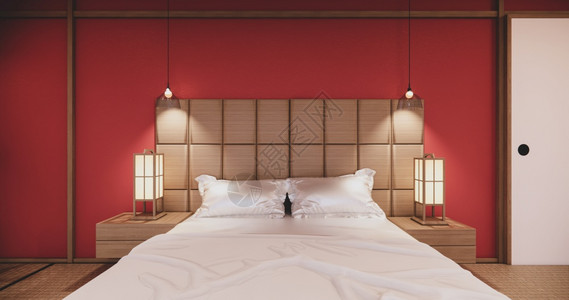 内热带房间和塔米垫底层热带室内和塔米垫层的红色日本人卧室设计图片