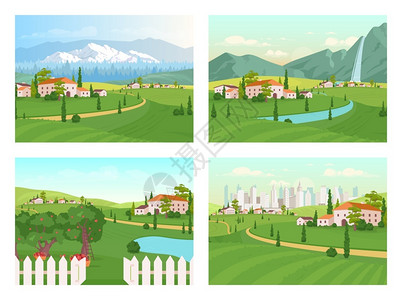农村与城市靠近城市的农舍郊区插画