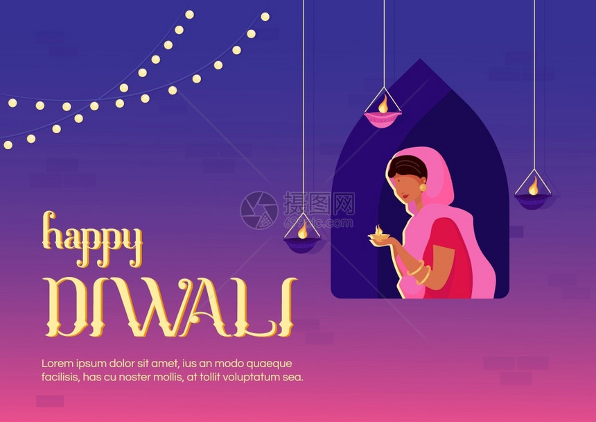 快乐的diwal横幅平板矢量模传统的印度节日庆祝仪式小册子一页概念设计手册漫画人物宗教活动传单图片