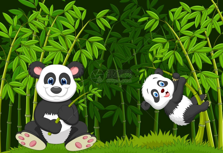 竹林里的卡通可爱熊猫图片