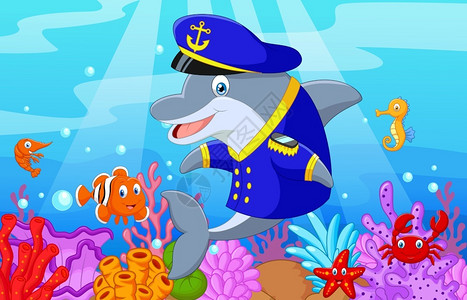 海底风光海豚船长插画图片