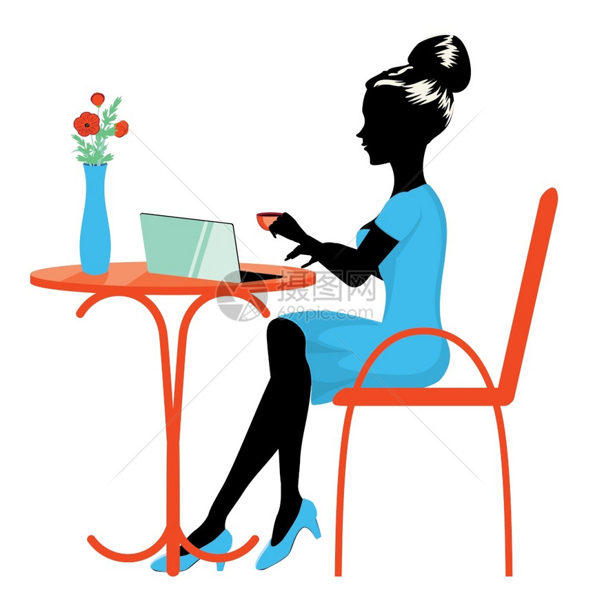 自由职业者学生或商妇女坐在椅子上咖啡馆或家用笔记本电脑工作图片