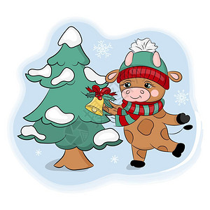圣诞节可爱的牛与圣诞树矢量插图图片