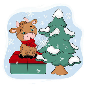带礼物和圣诞树矢量插图的可爱公牛图片