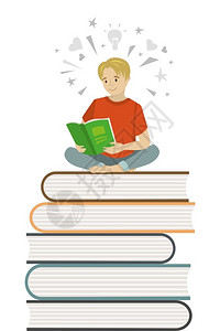 卡通男孩坐在书本上阅读学习过程概念向量图画阅读书图片