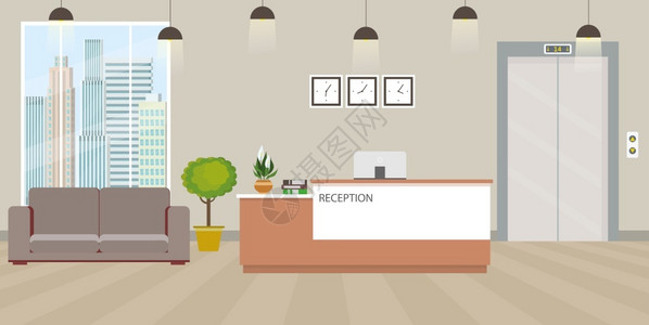 带有家具卡通矢量插图的现代空接待室内带有家具的现代空接待室内图片