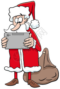 在圣诞节时间用平板电脑pc显示SantClus字符的漫画插图图片