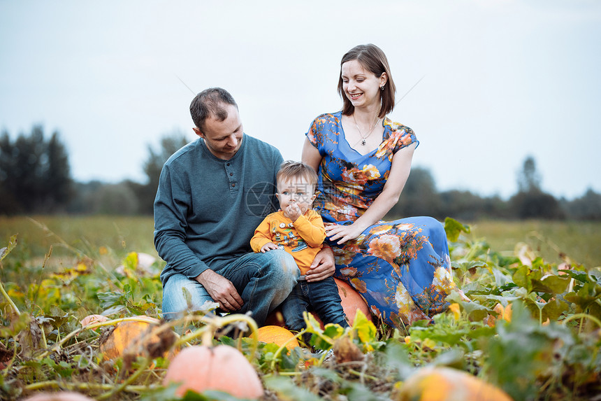年轻家庭母亲父和小男孩在南瓜农场度过时间秋天美国节日万圣节和感恩美国日万圣和感恩图片