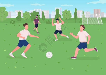 多人足球组合户外足球队与平面彩色矢量图插画