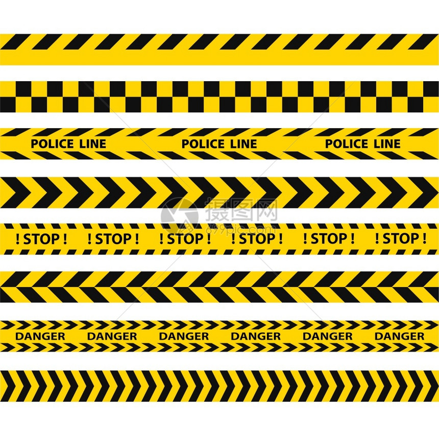 黑色和黄警察横条边界建筑危险警告无缝带矢量图片