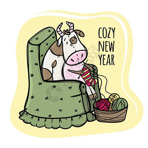 坐在沙发上织袜子的卡通奶牛矢量插图图片