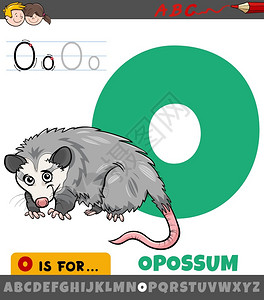 少儿负鼠动物字母表中字母o的教育漫画插图图片