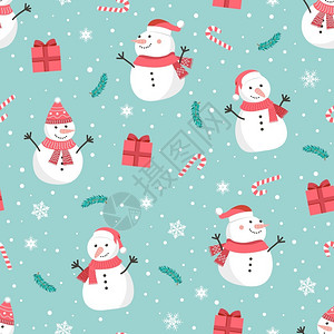 礼物包装纸圣诞节无缝模式有雪人背景冬季模式有雪花包装纸冬季问候网页背景圣诞节和新年贺卡插画