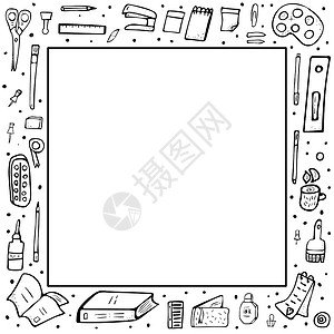 矢量办公室用品的正方形框架收集涂鸦风格的文具图片