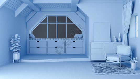内有开放空间和拆分层楼的蓝色一等概念客厅3D图片