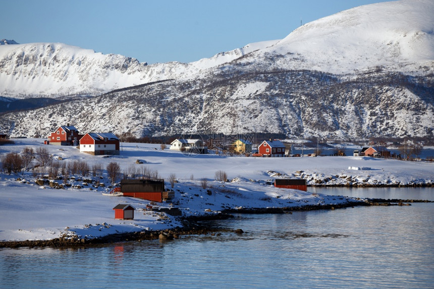 北海湾岛岸边的小挪威村庄图片