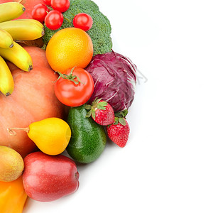 将蔬菜和水果设置在白色背景上文本空闲间健康的高清图片素材