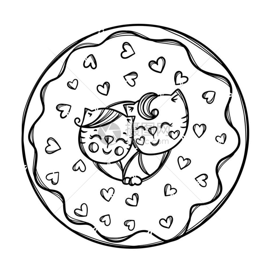 情人节甜甜圈甜蜜的猫节日矢量插图集图片