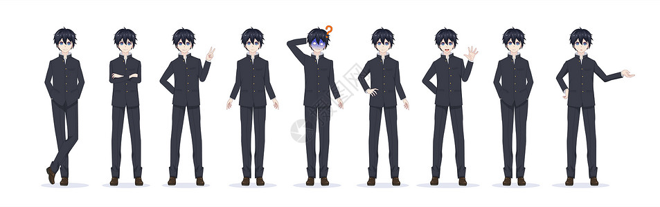 身穿全长黑色校服各种姿势和情感的animeg男孩矢量图图片