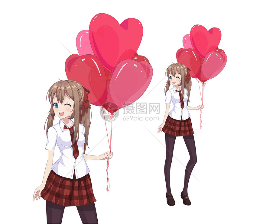 红裙子和白上衣的animeg女孩拿着心形气球矢量插图图片