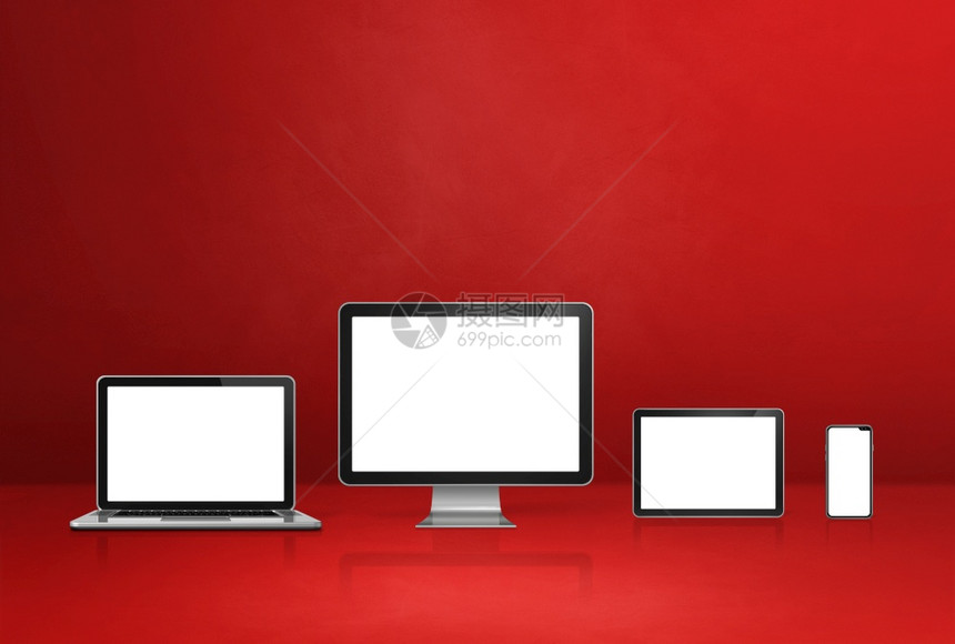 计算机膝上型移动电话和数字平板脑pc红色办公桌背景3d插图计算机移动电话和数字平板脑pc红色背景图片