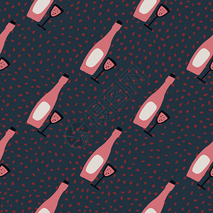 深暗无缝模式带有涂鸦葡萄酒装饰品粉红色瓶子深色背景带有不规则红色形状元素饮料高清图片素材