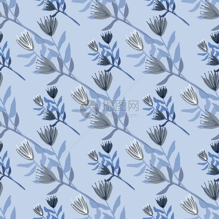 无缝模式郁金香花环和灰色蓝背景图片