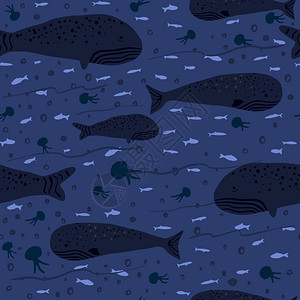 卡通鲸鱼图案海洋无缝图案包括珊瑚礁和鲸鱼海动物杂草印在蓝色背景上插画