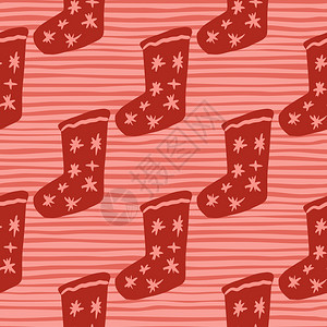 红色的圣诞节袜子配有恒星装饰在红色横条背景上图片