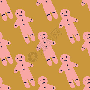 无缝模式粉色姜饼人在土黄色背景上插画