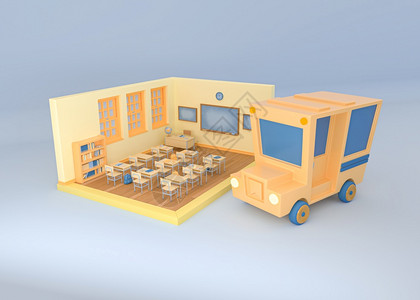3个插图校车和单独背景的教室返回学校教育概念图片