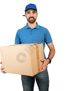 送货员在白色背景下拿着纸板盒的肖像送货和运输概念图片