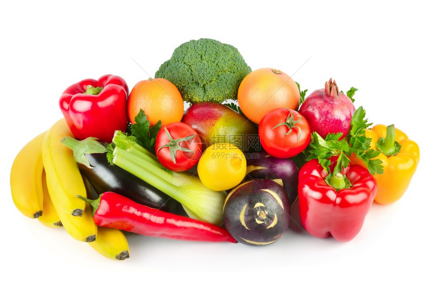 在白色背景中隔离的水果和蔬菜种类繁多图片