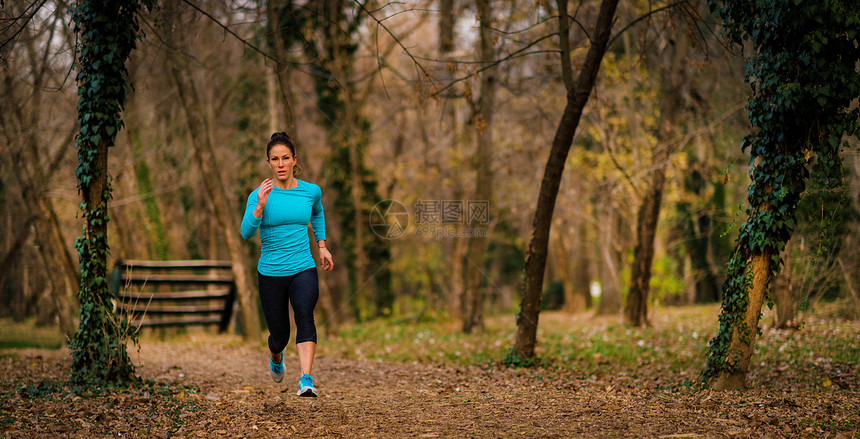 女运动员在公园慢跑秋天自然妇女慢跑公园图片