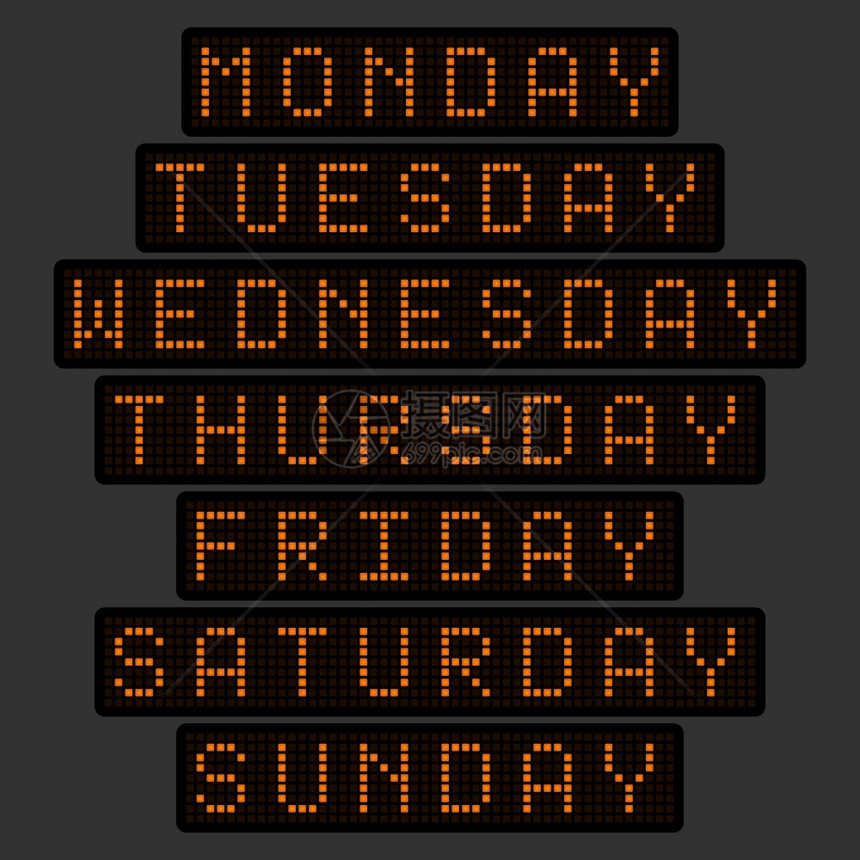 以橙色光线电子记分板形式显示的每周数天一套名称图片