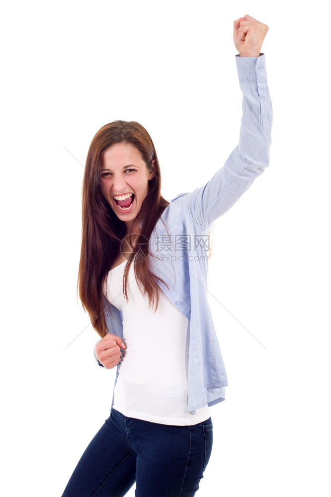 幸福的女子用举起手赢得胜利孤立于白种背景图片