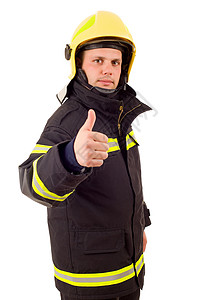 消防战斗机举起拇指孤立在白色背景上图片