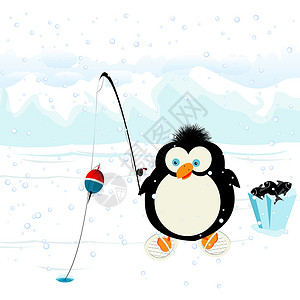 滑稽企鹅在冰上捕鱼背景图片
