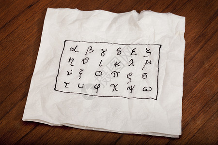从阿尔法到奥米加在较低情况下用手写在白纸巾上的二十四个希腊字母背景