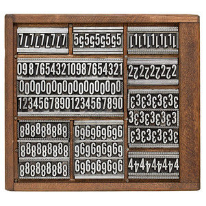 装修中字素材数字和装饰品以白色隔开的木改排打字箱中的旧金属打印块背景