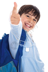 在孤立的白色背景上微笑的温柔园艺男孩用拇指举起蓝色高清图片素材