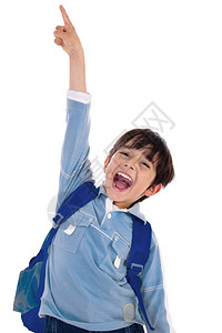 年轻学校男孩在孤立的白色背景上兴奋地喊叫和举起手来年轻的高清图片素材