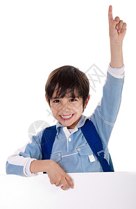 小学孩用孤立的白种背景举手作业高清图片素材