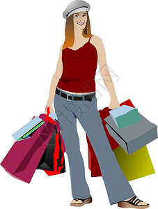 带袋的可爱购物女士矢量彩色插图图片