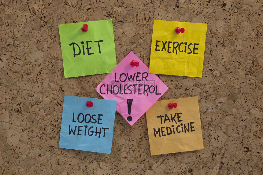 低胆固醇概念健康的饮食锻炼减肥吃药在软木板上贴粘的笔记图片