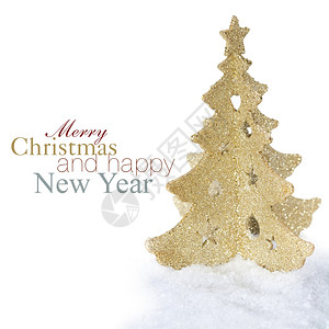 金色圣诞树和雪带样本文字高清图片