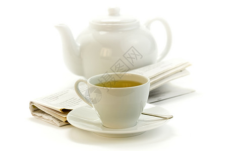 清晨茶杯壶和白咖啡杯背景图片